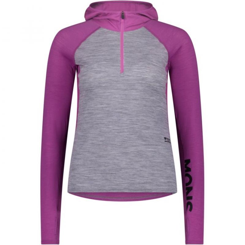 Mons Royale Bella Merino Long Sleeve Hood Womens Purple Bolt/Grey Heather