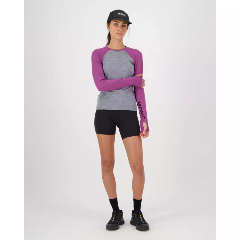 Mons Royale Bella Merino Long Sleeve Womens Purple Bolt/Grey Heather