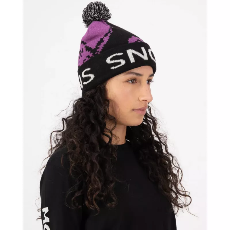Mons Royale Mtn Pixel Merino Pom Pom Beanie Purple Bolt / Black