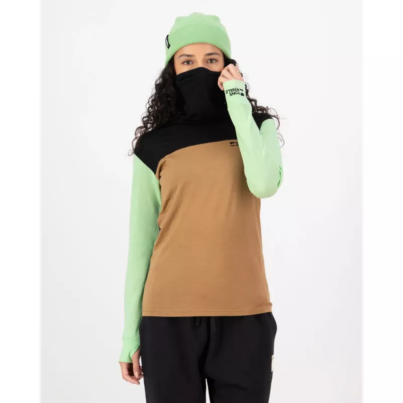 Mons Royale Yotei Merino High Neck Long Sleeve Womens Matcha/Toffee/Black