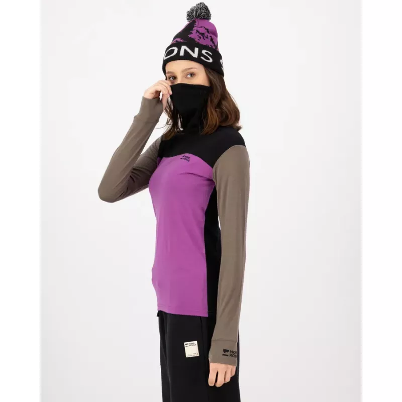 Mons Royale Yotei Merino High Neck Long Sleeve Womens Purple Bolt/Walnut/Black