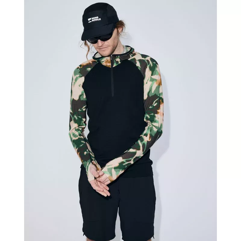Mons Royale Temple Merino Long Sleeve Hood Mens Bush Camo/Black